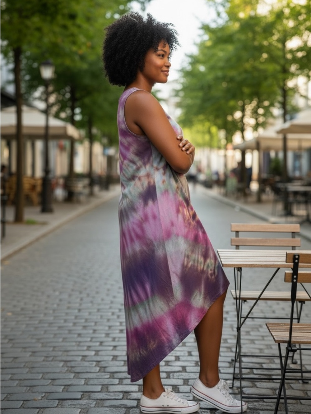 Sleeveless Tie-Dye Midi Dress in Purple and Pink